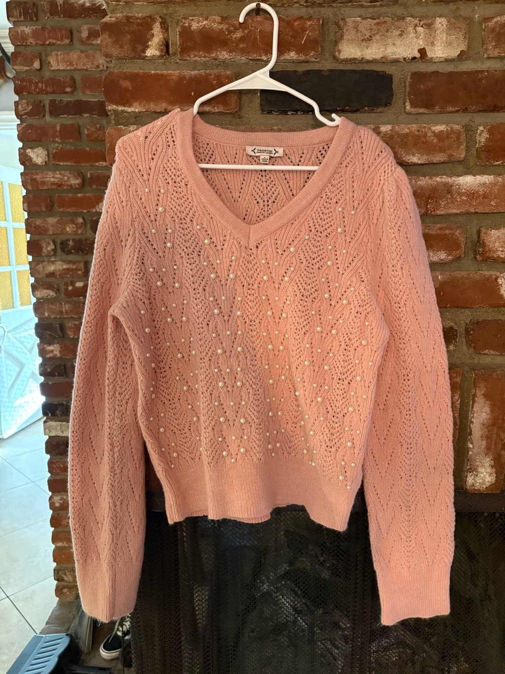 Nanette Lepore Pink V-Neck Cable Knit Sweater with Pearled Embellishments